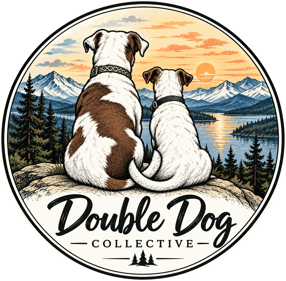 Double Dog Collective — two dogs on a rock overlooking a mountain lake at sunset